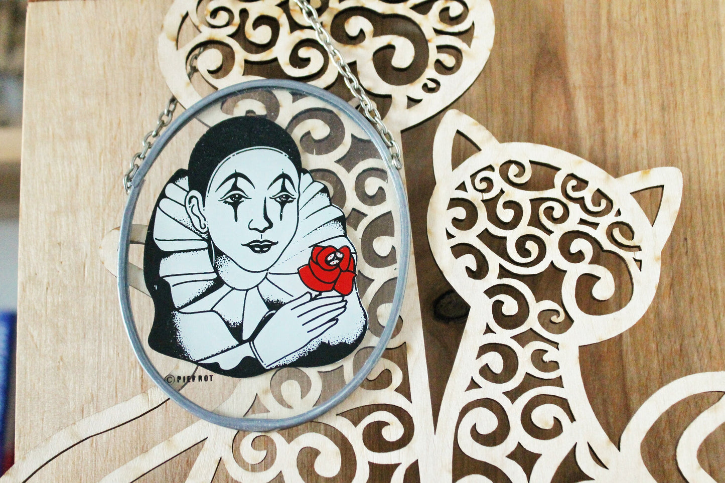 Vintage Decorative Hand Painted Stained Glass Window on the chain - Pierrot - 4.3 inches - Germany vintage - 1980s