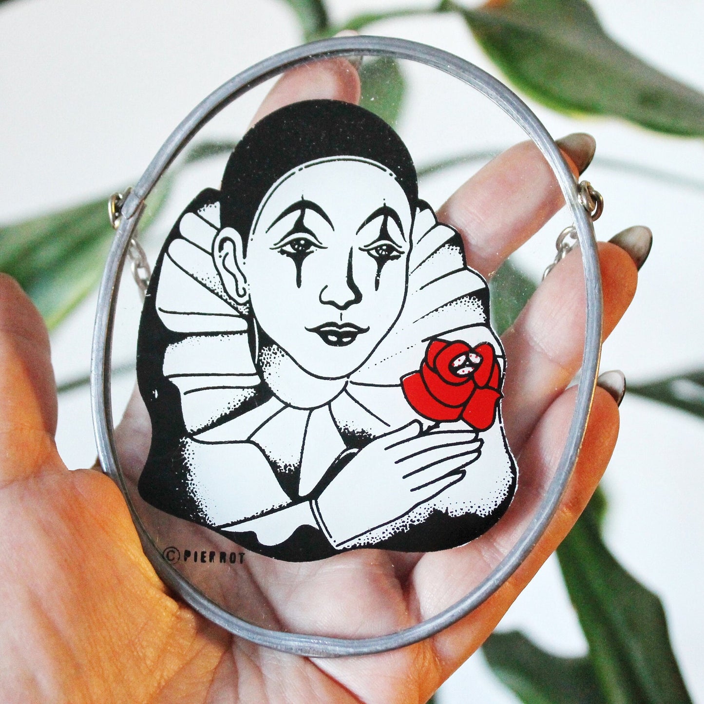 Vintage Decorative Hand Painted Stained Glass Window on the chain - Pierrot - 4.3 inches - Germany vintage - 1980s