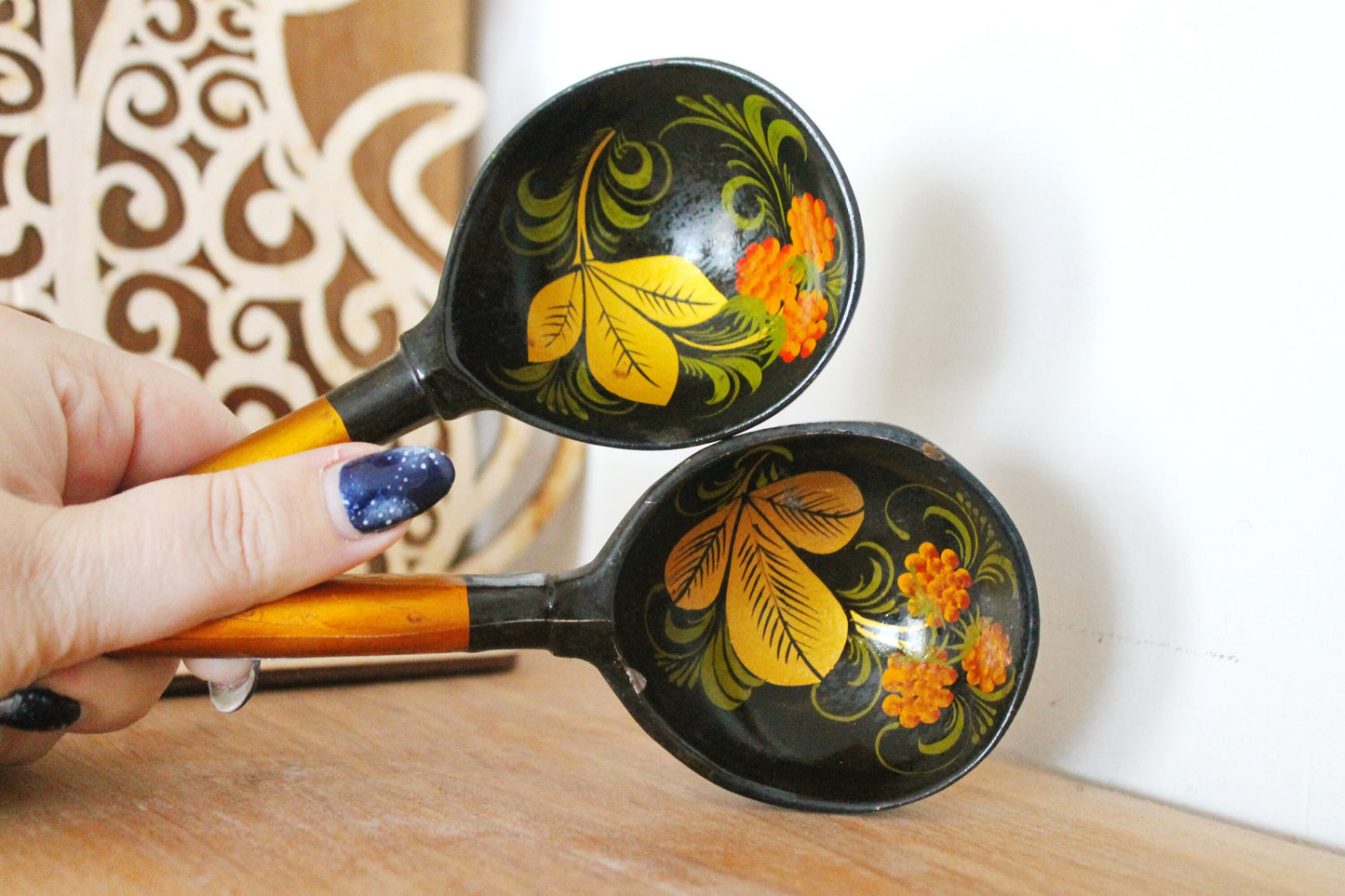Set of 2 Vintage used Ukrainain wooden spoons. 1970s, hand painted - Soviet era - from the USSR, antique spoons - 1970s