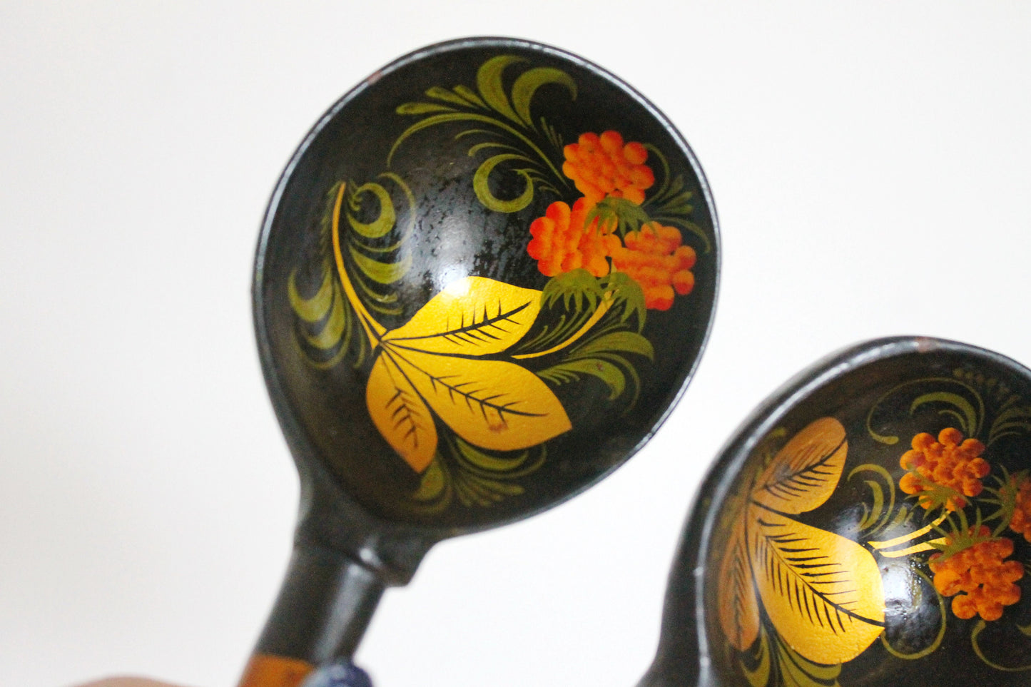 Set of 2 Vintage used Ukrainain wooden spoons. 1970s, hand painted - Soviet era - from the USSR, antique spoons - 1970s