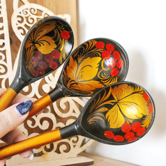 Set of 3 Vintage used Ukrainain wooden spoons. 1970s, hand painted - Soviet era - from the USSR, antique spoons - 1970s