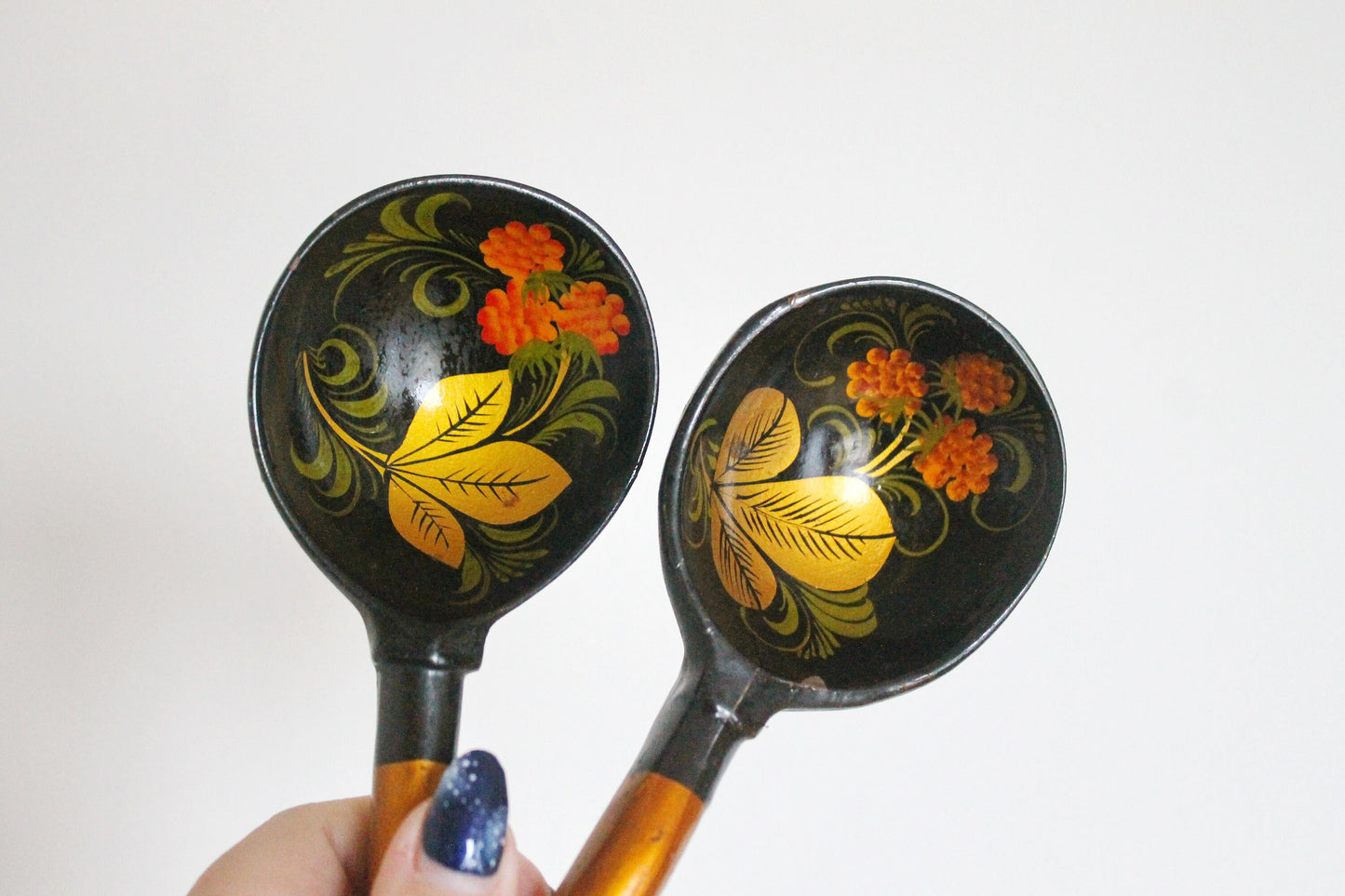 Set of 2 Vintage used Ukrainain wooden spoons. 1970s, hand painted - Soviet era - from the USSR, antique spoons - 1970s
