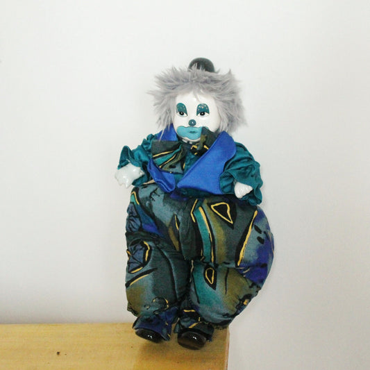 Vintage clown with porcelain face, legs and arms - 14 inches - Sad clown - Hanging toy - Hand painting. Germany. 1970-1980s
