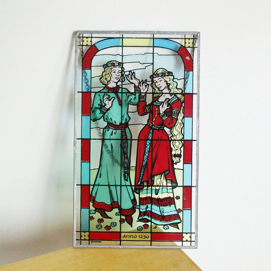 Vintage Decorative Hand Painted Stained Glass Window on the chain - Medieval engraving - 11 inches - Germany vintage - 1990s