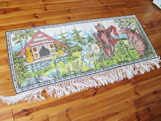 Vintage USSR big cotton tapestry "Fairy tail about bears and hares" - 65 inches - Wall Hanging Rug