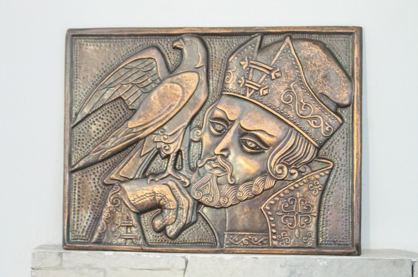Wall stamping picture "The prince with the bird" - USSR chased wall plaque - brass wall art - rustic home decor metall picture