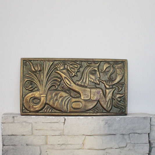 Wall stamping picture "Mirmaid man" - USSR chased wall plaque - brass wall art - rustic home decor metall picture