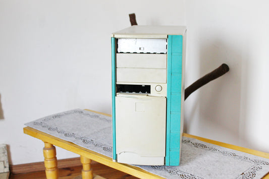 Vintage 1990s AT Desktop Computer Case with Rare Sliding Front Panel - Beige Turquoise Tower -Retro PC Shell for Display or DIY Build