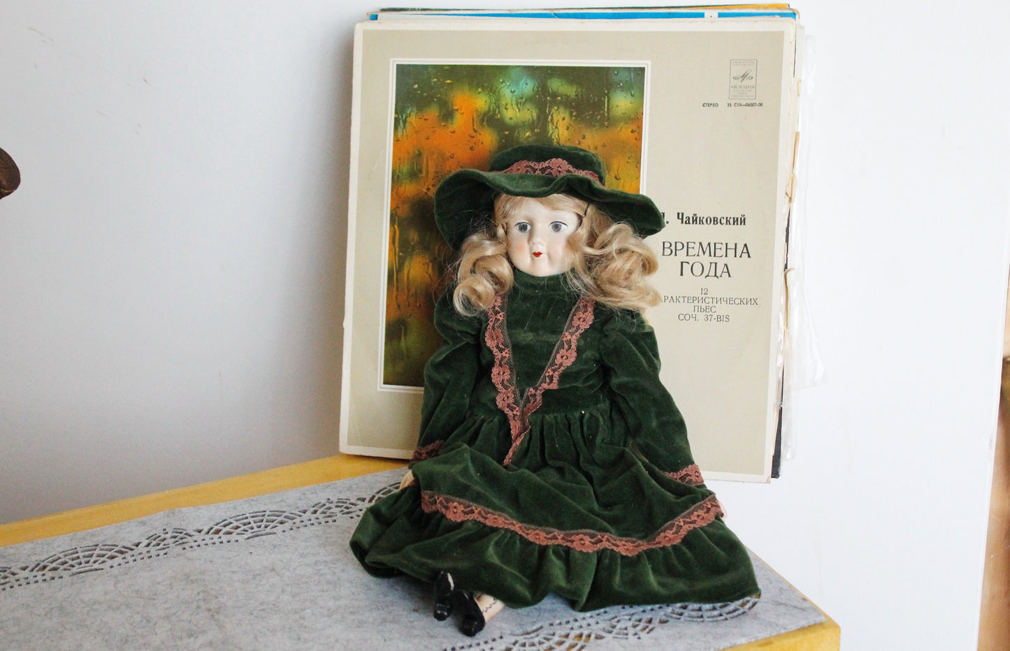 Vintage German Porcelain Doll in Green Velvet Dress with Hat – Fabric Body – Handcrafted Look – Visible Leg Repair - 1960-1980s