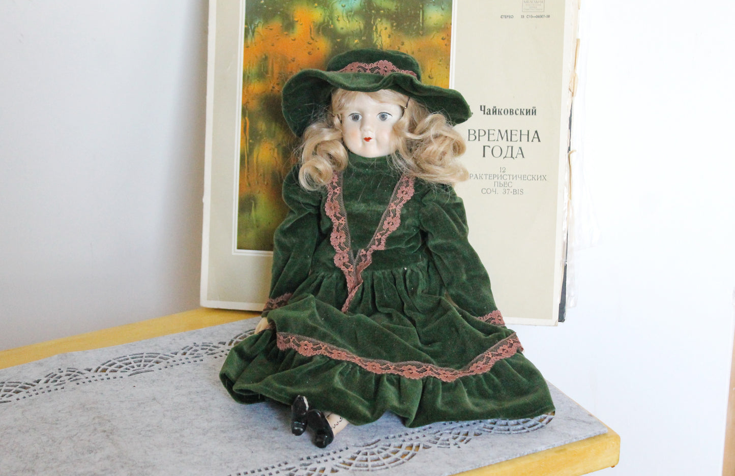 Vintage German Porcelain Doll in Green Velvet Dress with Hat – Fabric Body – Handcrafted Look – Visible Leg Repair - 1960-1980s