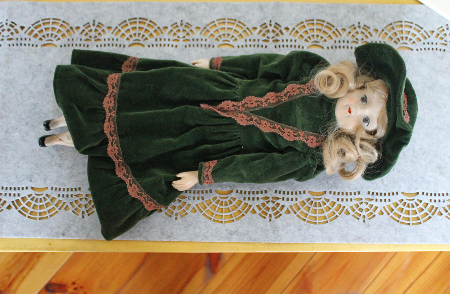 Vintage German Porcelain Doll in Green Velvet Dress with Hat – Fabric Body – Handcrafted Look – Visible Leg Repair - 1960-1980s