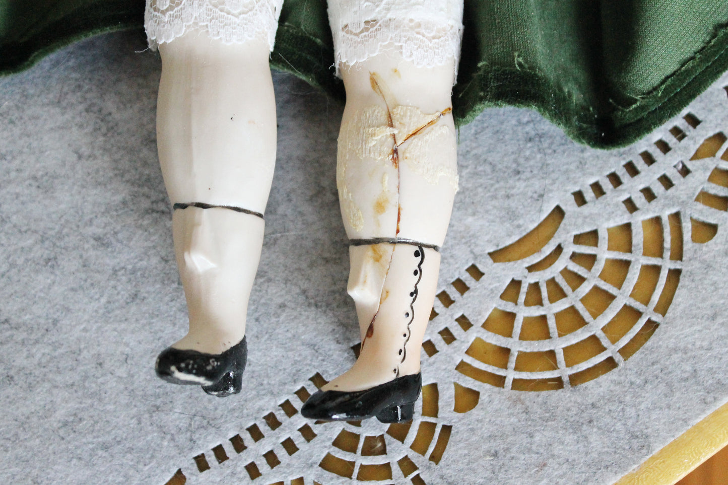 Vintage German Porcelain Doll in Green Velvet Dress with Hat – Fabric Body – Handcrafted Look – Visible Leg Repair - 1960-1980s