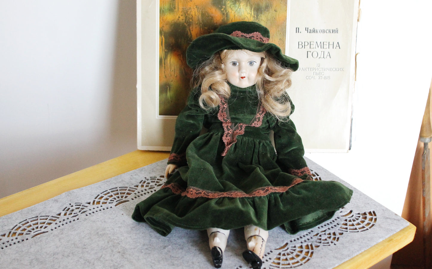 Vintage German Porcelain Doll in Green Velvet Dress with Hat – Fabric Body – Handcrafted Look – Visible Leg Repair - 1960-1980s