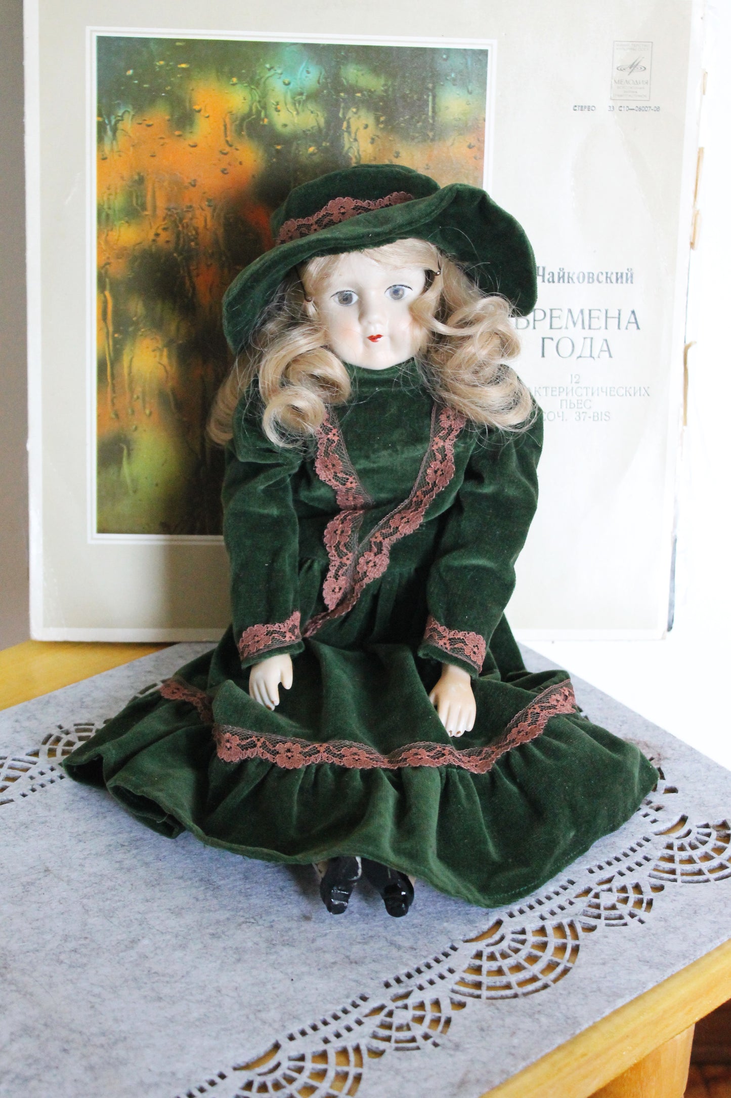 Vintage German Porcelain Doll in Green Velvet Dress with Hat – Fabric Body – Handcrafted Look – Visible Leg Repair - 1960-1980s