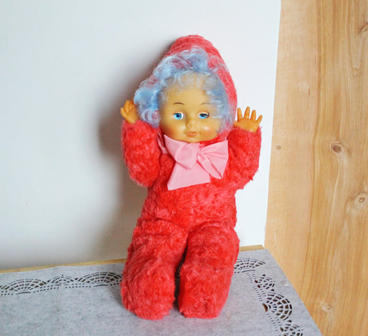 Vintage 1970s Soft Soviet Doll with Closing Eyes and Red Furry Outfit - USSR childrens toy