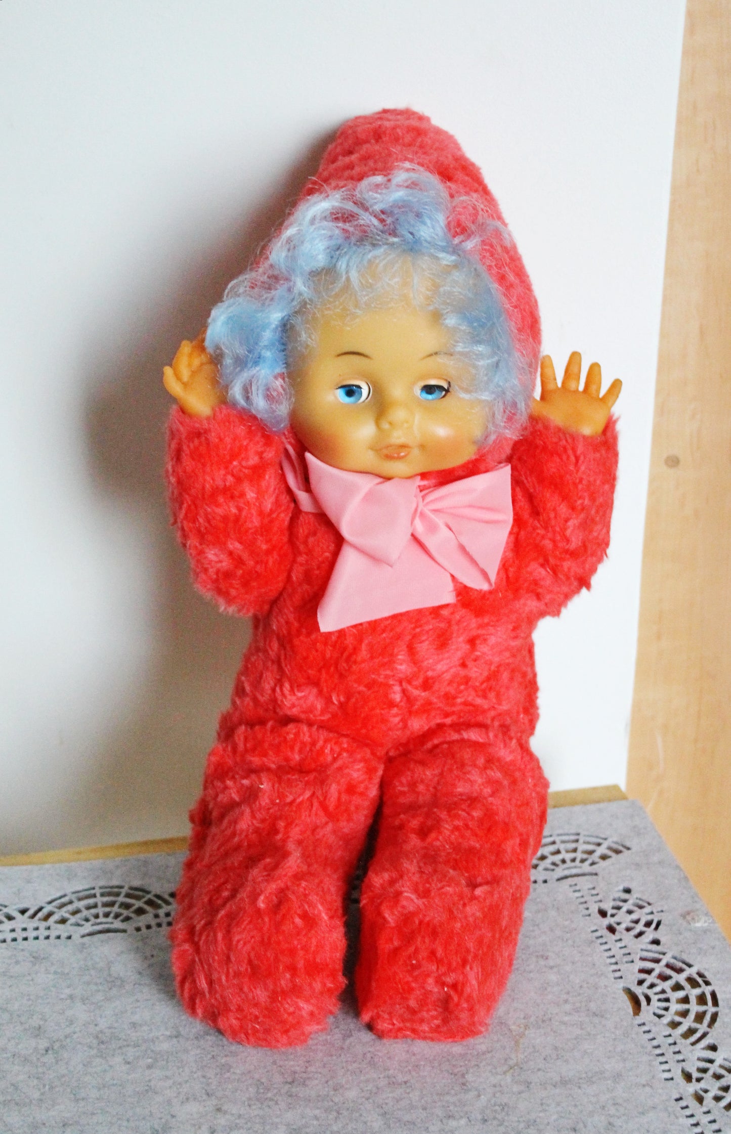Vintage 1970s Soft Soviet Doll with Closing Eyes and Red Furry Outfit - USSR childrens toy