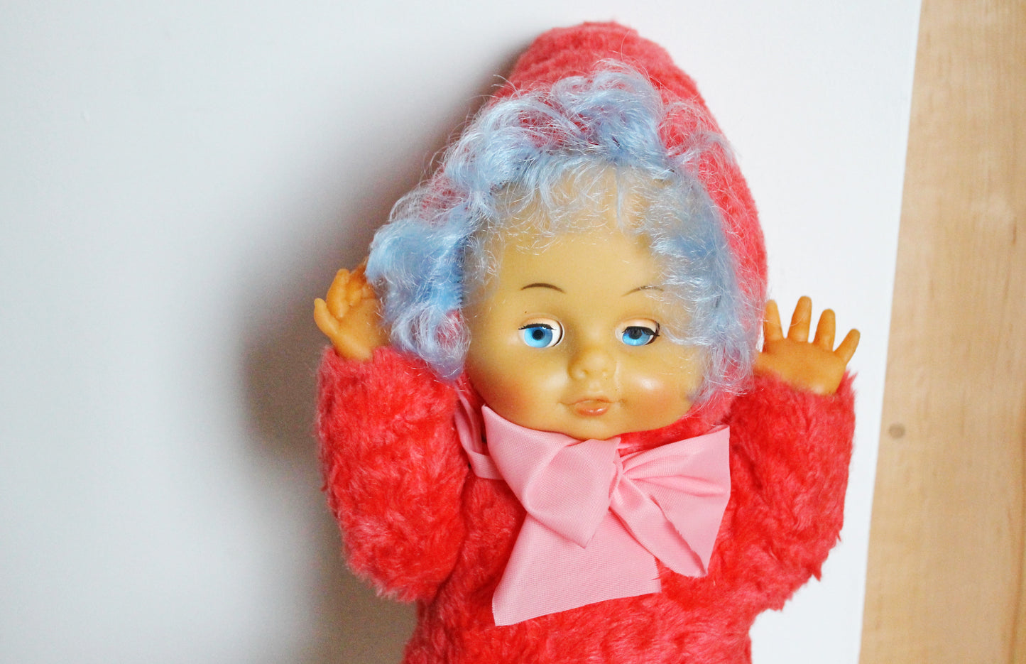 Vintage 1970s Soft Soviet Doll with Closing Eyes and Red Furry Outfit - USSR childrens toy