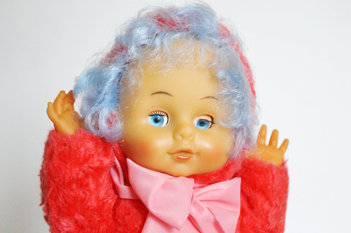 Vintage 1970s Soft Soviet Doll with Closing Eyes and Red Furry Outfit - USSR childrens toy