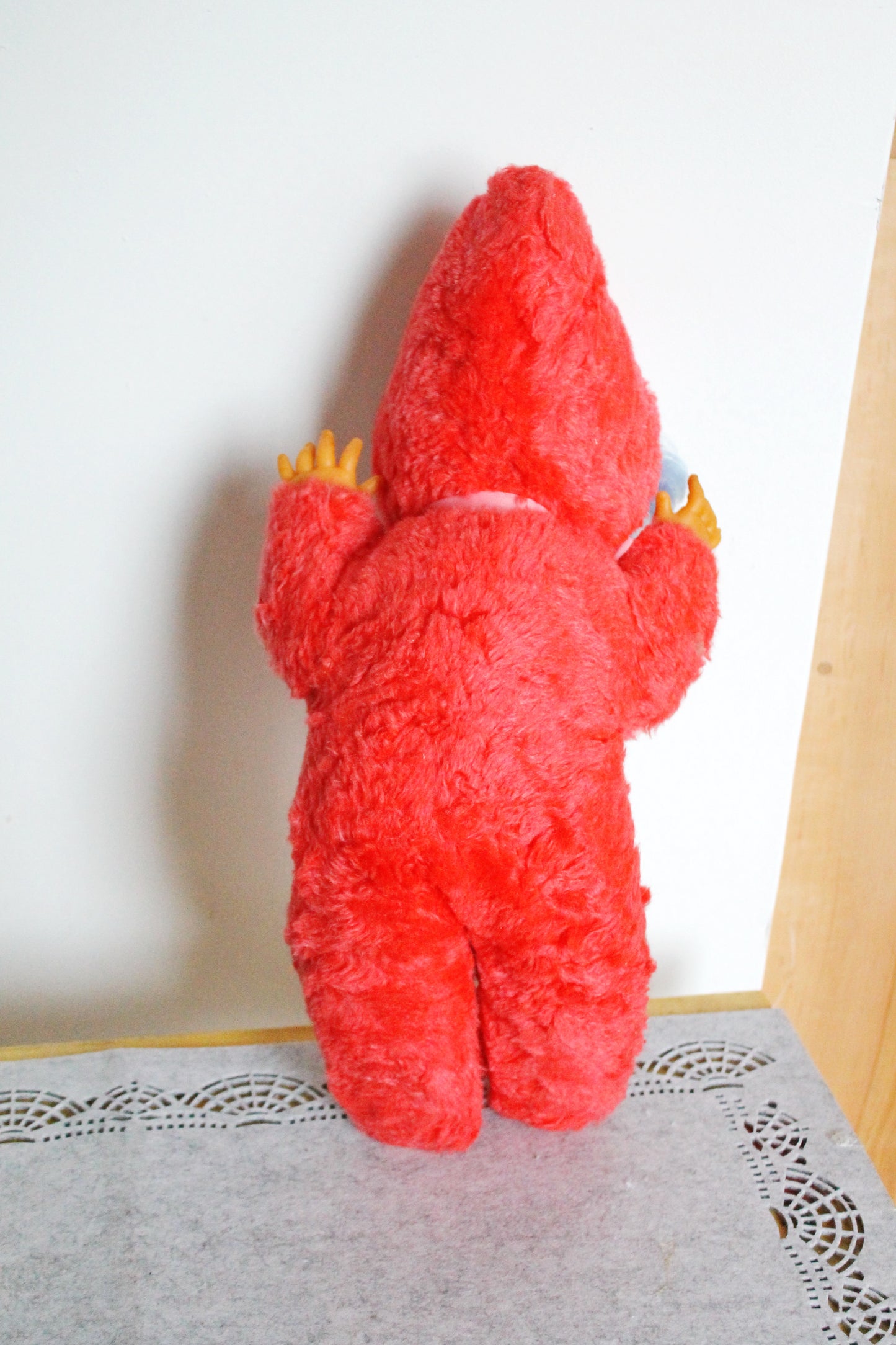 Vintage 1970s Soft Soviet Doll with Closing Eyes and Red Furry Outfit - USSR childrens toy