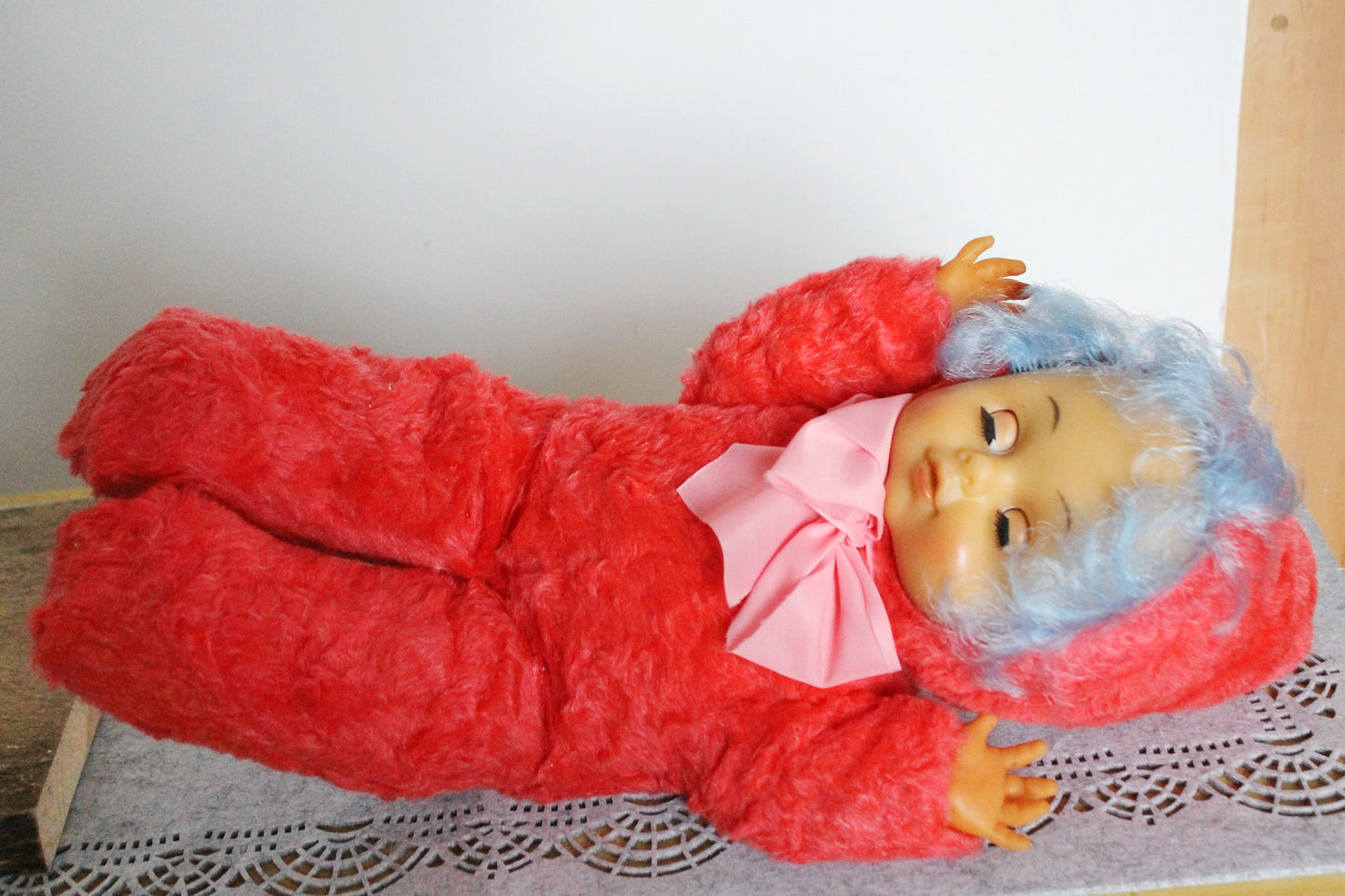 Vintage 1970s Soft Soviet Doll with Closing Eyes and Red Furry Outfit - USSR childrens toy