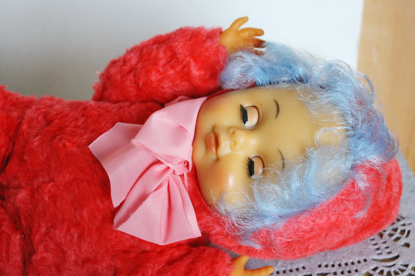 Vintage 1970s Soft Soviet Doll with Closing Eyes and Red Furry Outfit - USSR childrens toy