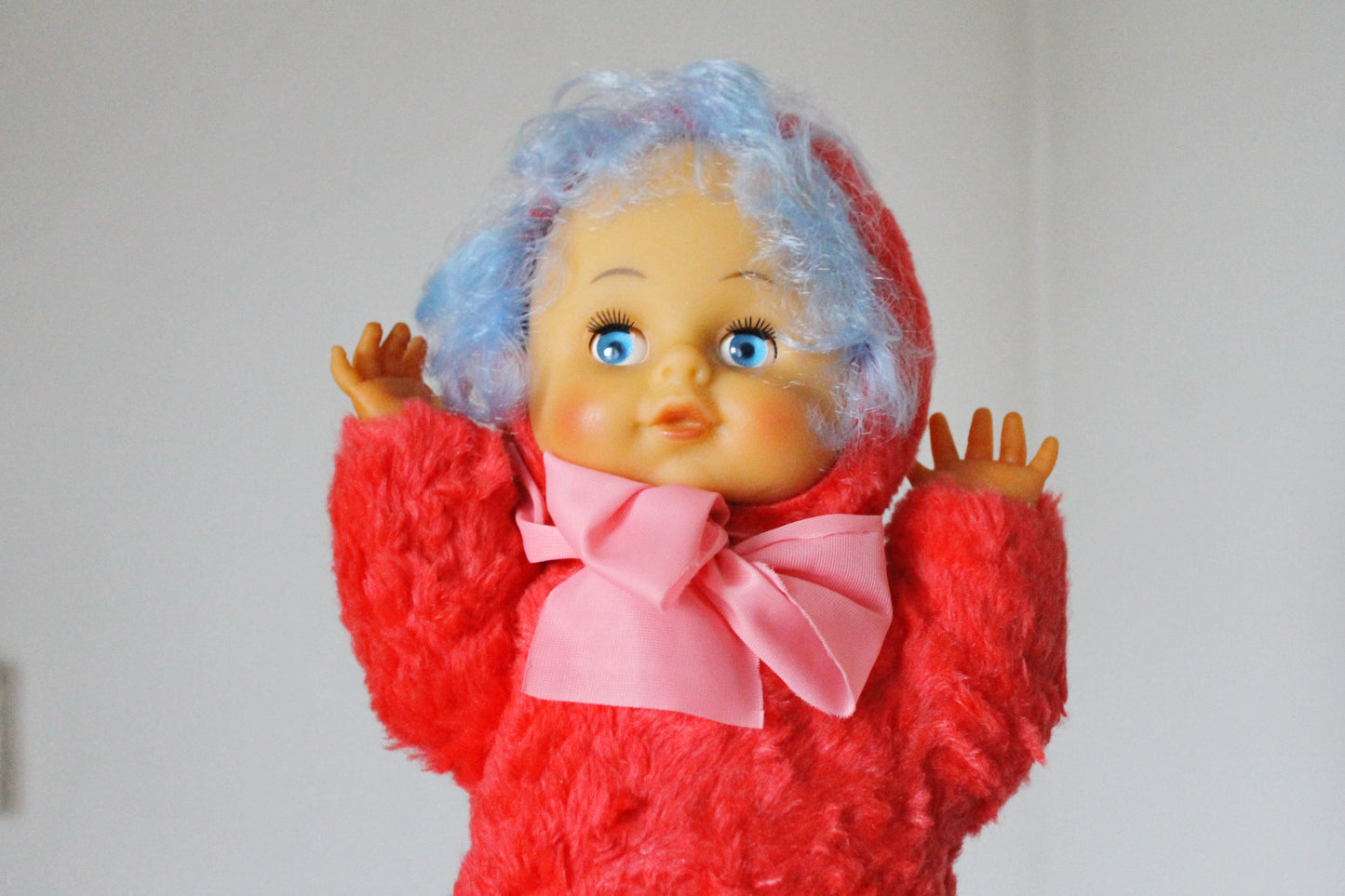 Vintage 1970s Soft Soviet Doll with Closing Eyes and Red Furry Outfit - USSR childrens toy
