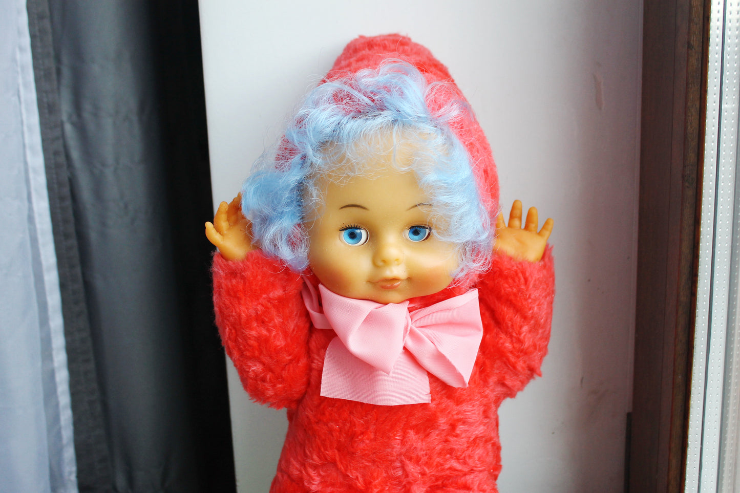 Vintage 1970s Soft Soviet Doll with Closing Eyes and Red Furry Outfit - USSR childrens toy
