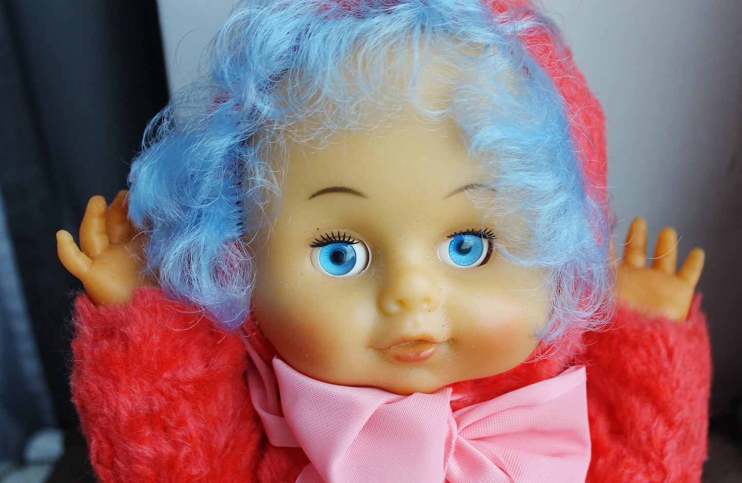 Vintage 1970s Soft Soviet Doll with Closing Eyes and Red Furry Outfit - USSR childrens toy