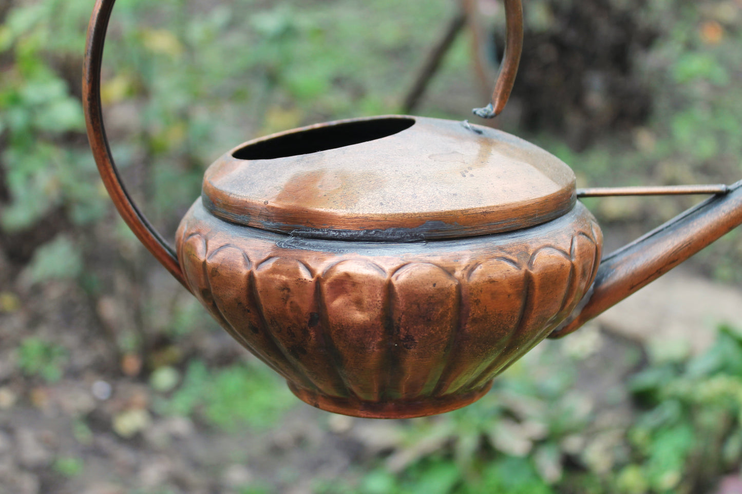 Antique Copper Pouring Can Garden Decor | Rustic Outdoor Decorative Object with Spout | Aged Patina Metal Accent