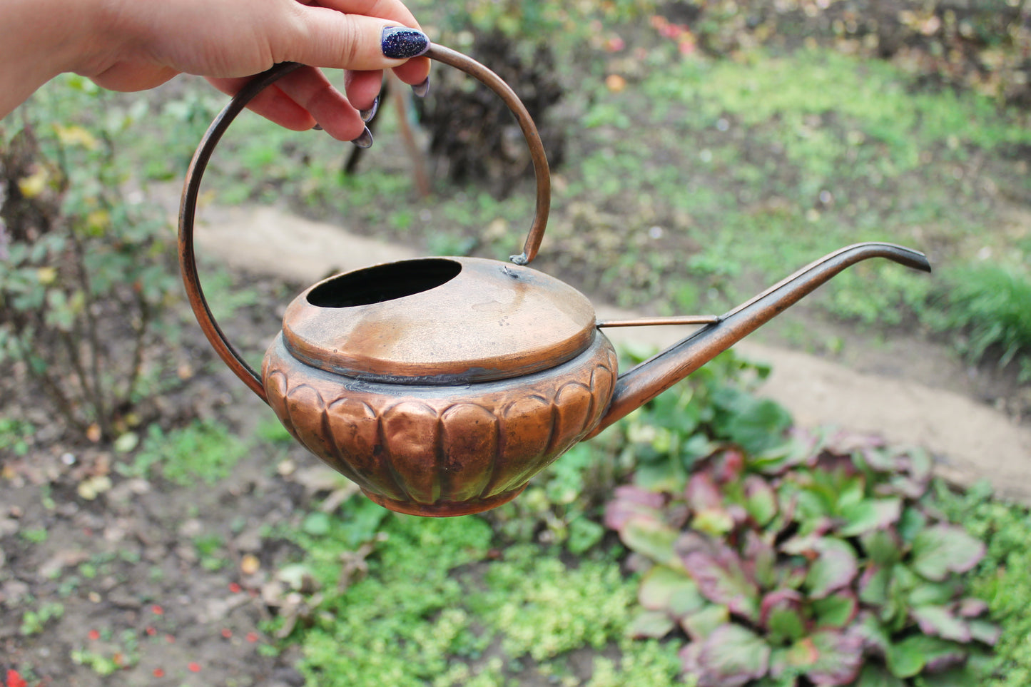 Antique Copper Pouring Can Garden Decor | Rustic Outdoor Decorative Object with Spout | Aged Patina Metal Accent