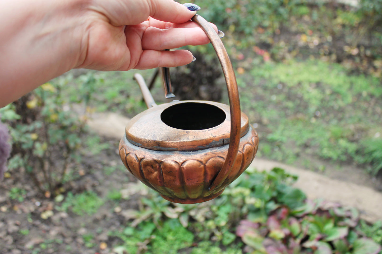 Antique Copper Pouring Can Garden Decor | Rustic Outdoor Decorative Object with Spout | Aged Patina Metal Accent