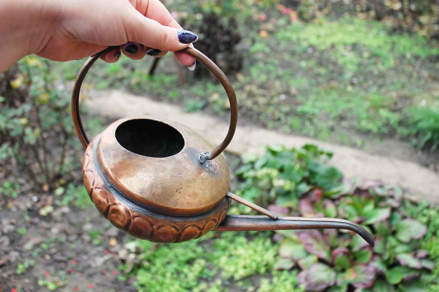 Antique Copper Pouring Can Garden Decor | Rustic Outdoor Decorative Object with Spout | Aged Patina Metal Accent