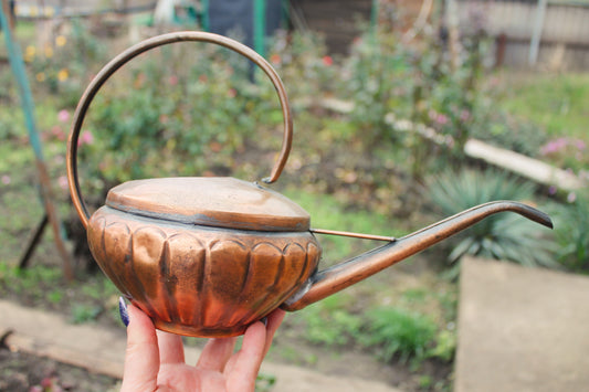 Antique Copper Pouring Can Garden Decor | Rustic Outdoor Decorative Object with Spout | Aged Patina Metal Accent