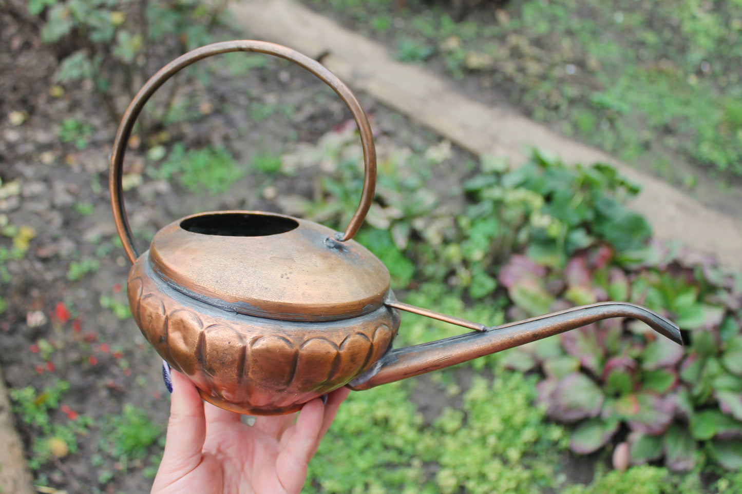 Antique Copper Pouring Can Garden Decor | Rustic Outdoor Decorative Object with Spout | Aged Patina Metal Accent
