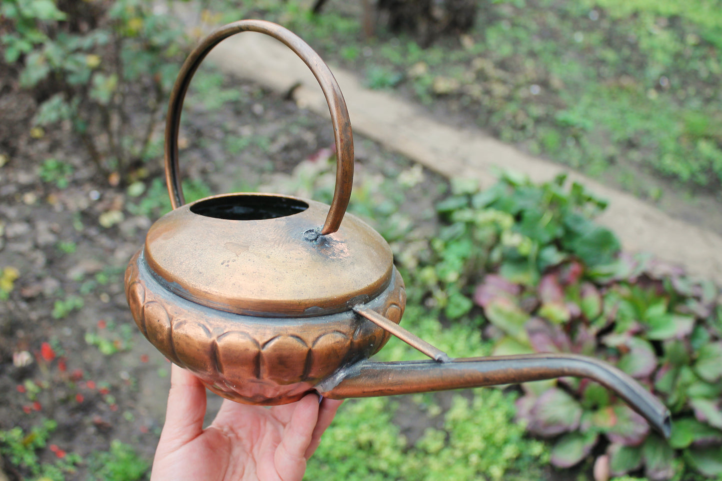 Antique Copper Pouring Can Garden Decor | Rustic Outdoor Decorative Object with Spout | Aged Patina Metal Accent
