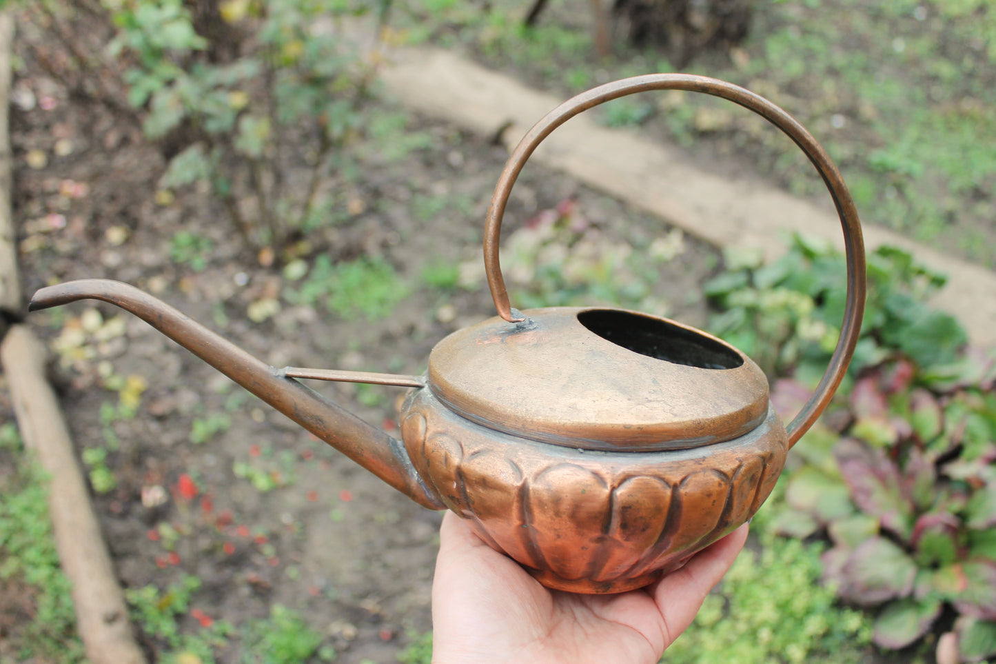 Antique Copper Pouring Can Garden Decor | Rustic Outdoor Decorative Object with Spout | Aged Patina Metal Accent