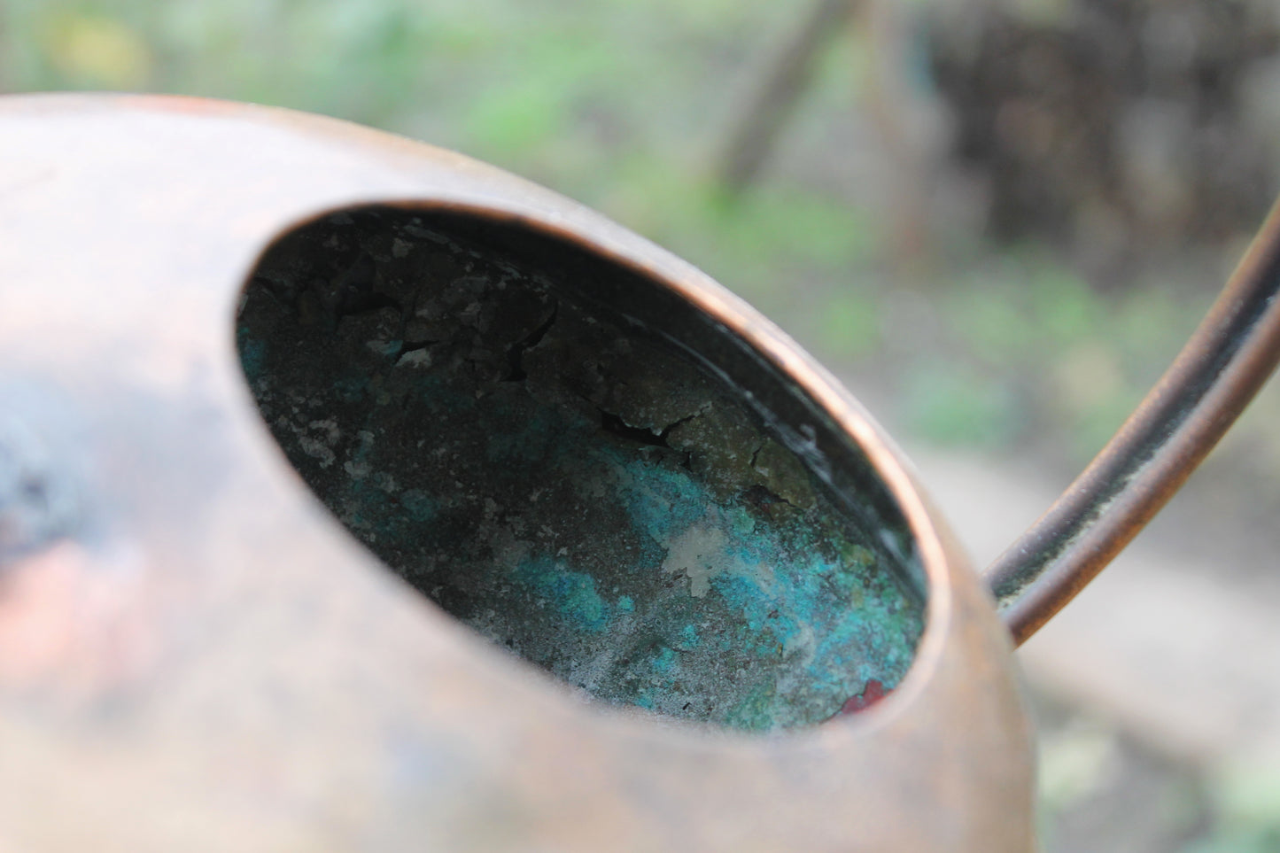 Antique Copper Pouring Can Garden Decor | Rustic Outdoor Decorative Object with Spout | Aged Patina Metal Accent