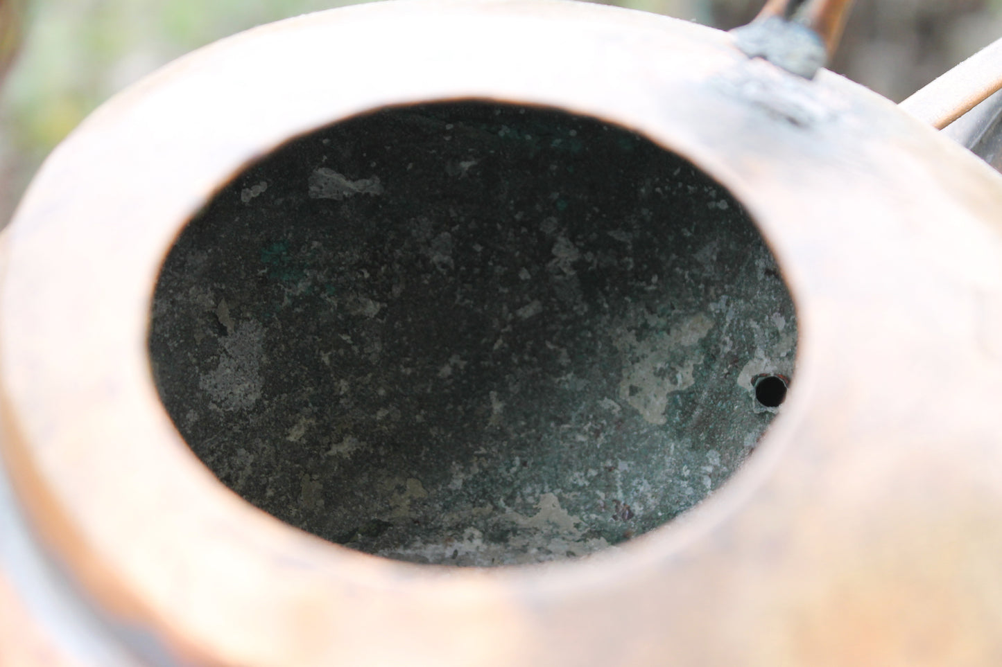 Antique Copper Pouring Can Garden Decor | Rustic Outdoor Decorative Object with Spout | Aged Patina Metal Accent