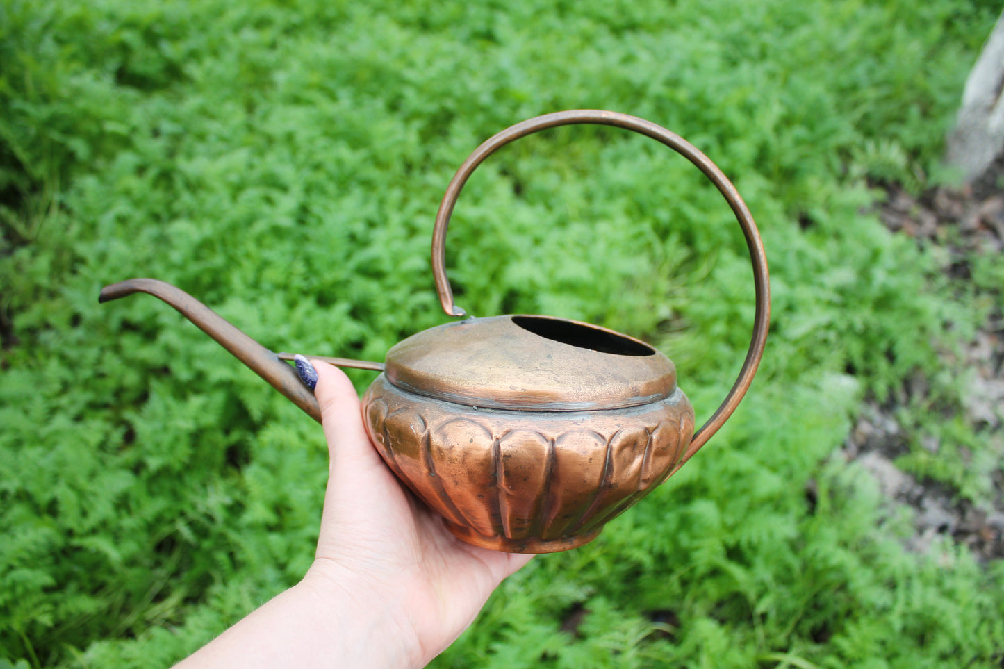 Antique Copper Pouring Can Garden Decor | Rustic Outdoor Decorative Object with Spout | Aged Patina Metal Accent