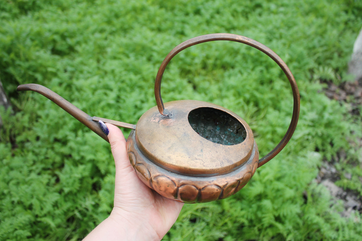 Antique Copper Pouring Can Garden Decor | Rustic Outdoor Decorative Object with Spout | Aged Patina Metal Accent