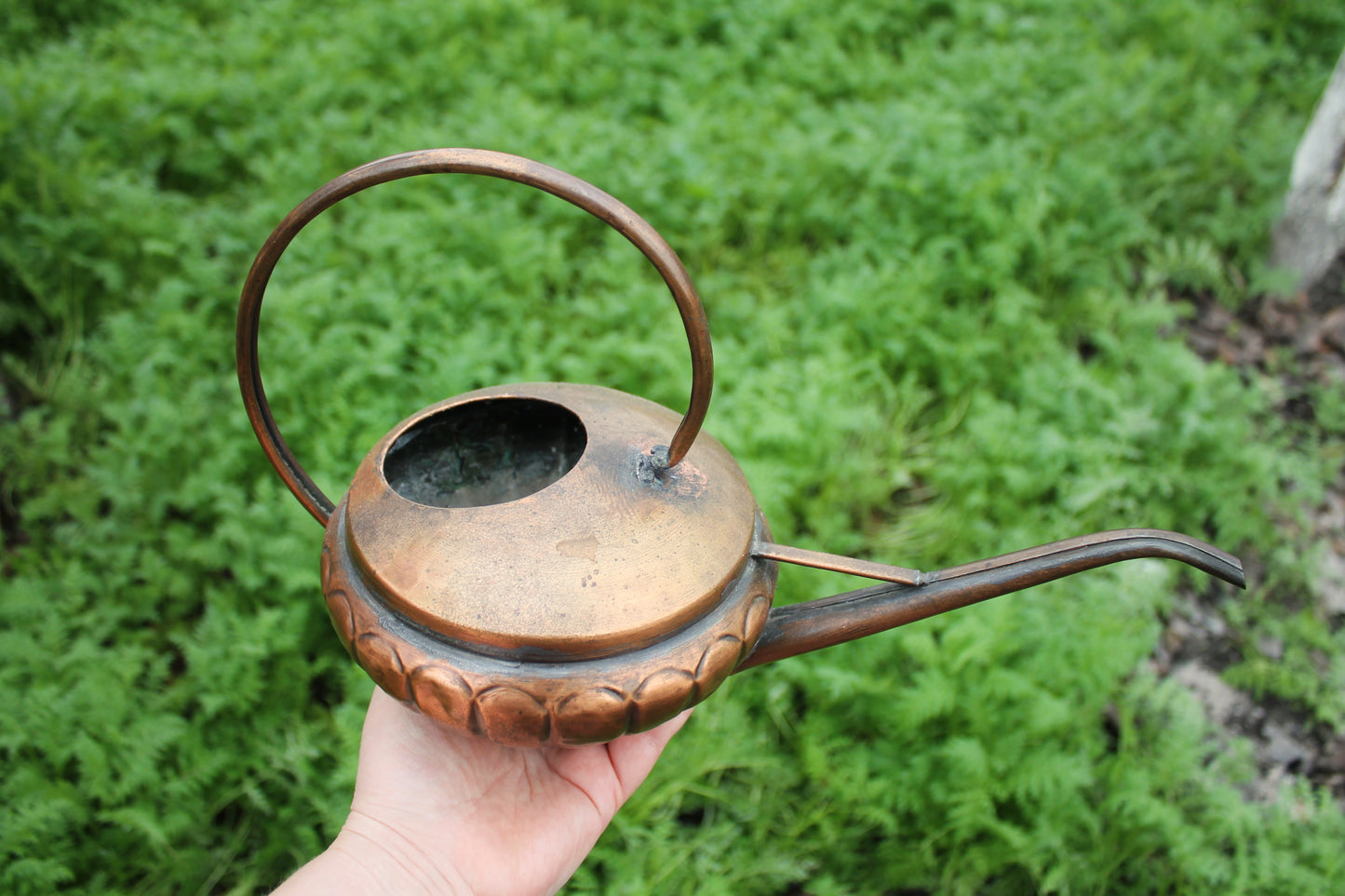 Antique Copper Pouring Can Garden Decor | Rustic Outdoor Decorative Object with Spout | Aged Patina Metal Accent