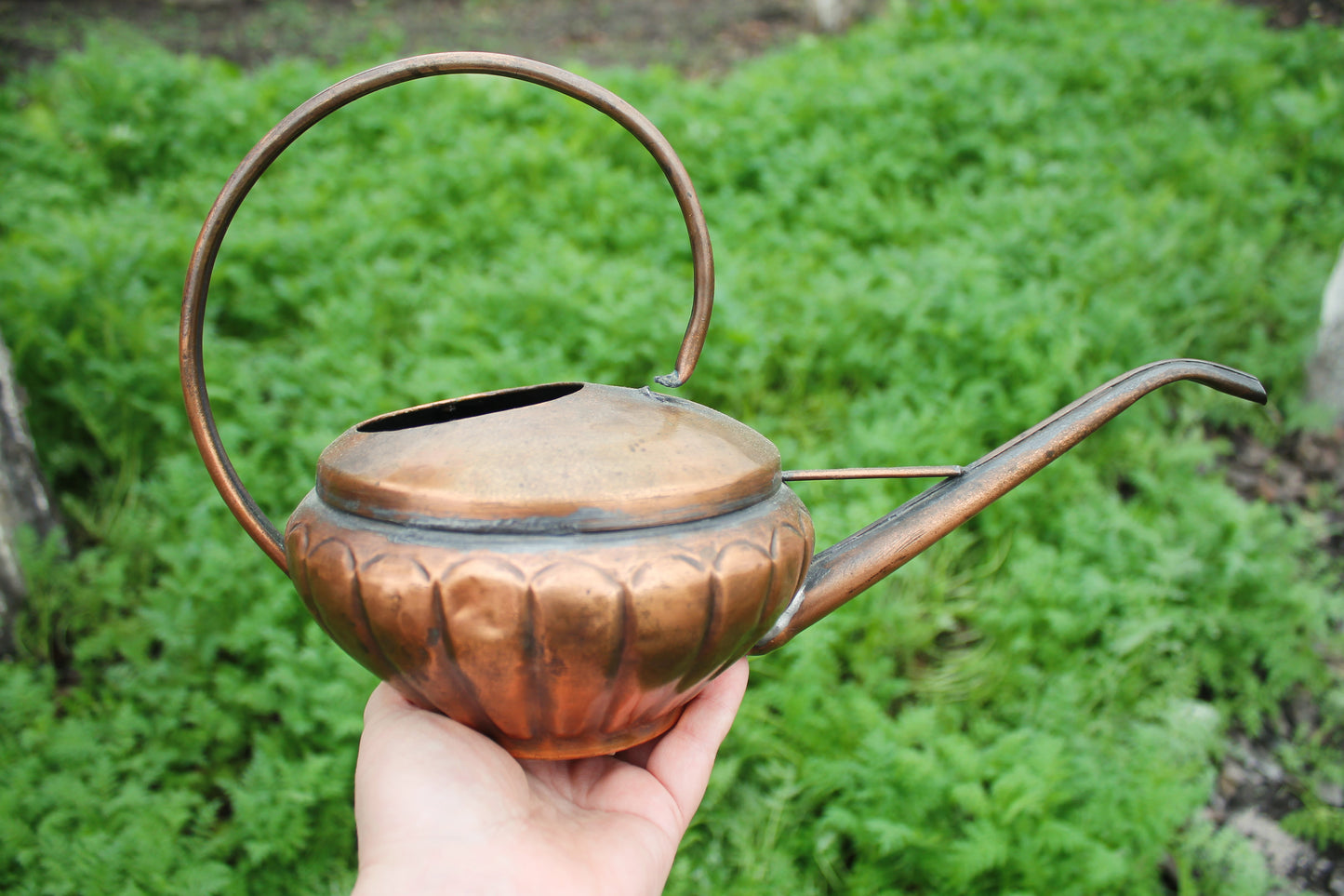 Antique Copper Pouring Can Garden Decor | Rustic Outdoor Decorative Object with Spout | Aged Patina Metal Accent