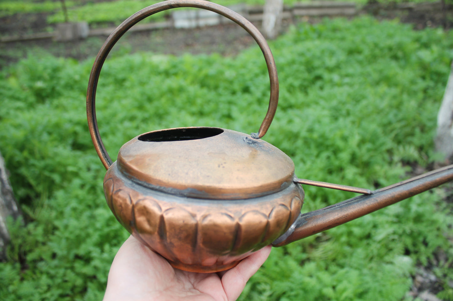 Antique Copper Pouring Can Garden Decor | Rustic Outdoor Decorative Object with Spout | Aged Patina Metal Accent