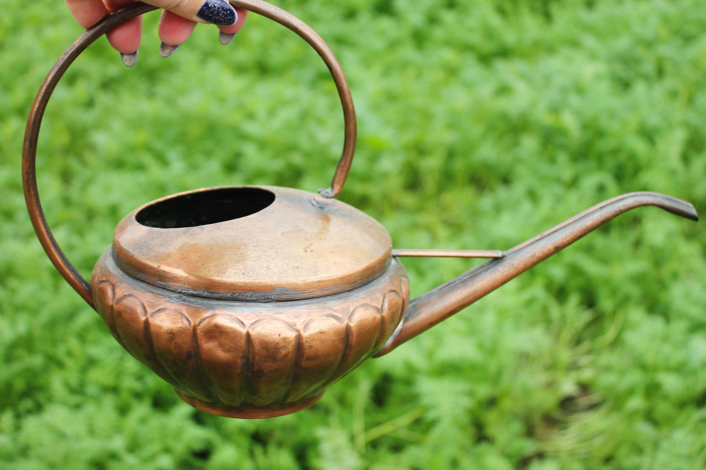 Antique Copper Pouring Can Garden Decor | Rustic Outdoor Decorative Object with Spout | Aged Patina Metal Accent