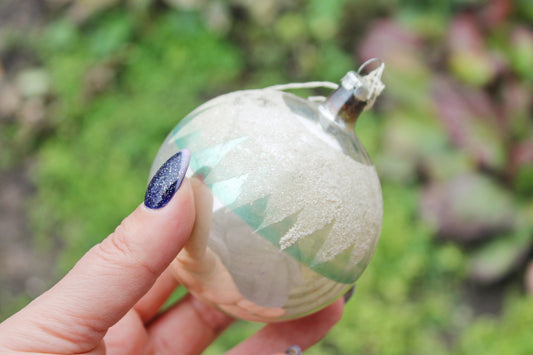 Vintage Glass Christmas Ornament, 80mm White Shimmer Ball with Glitter Tree Pattern, Holiday Tree Decoration, Mid-Century Style