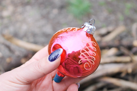 Vintage Pink Glass Icicle Ornament, Round Drop Shape, Hand-Painted USSR Christmas Tree Decoration, Retro Holiday Bauble