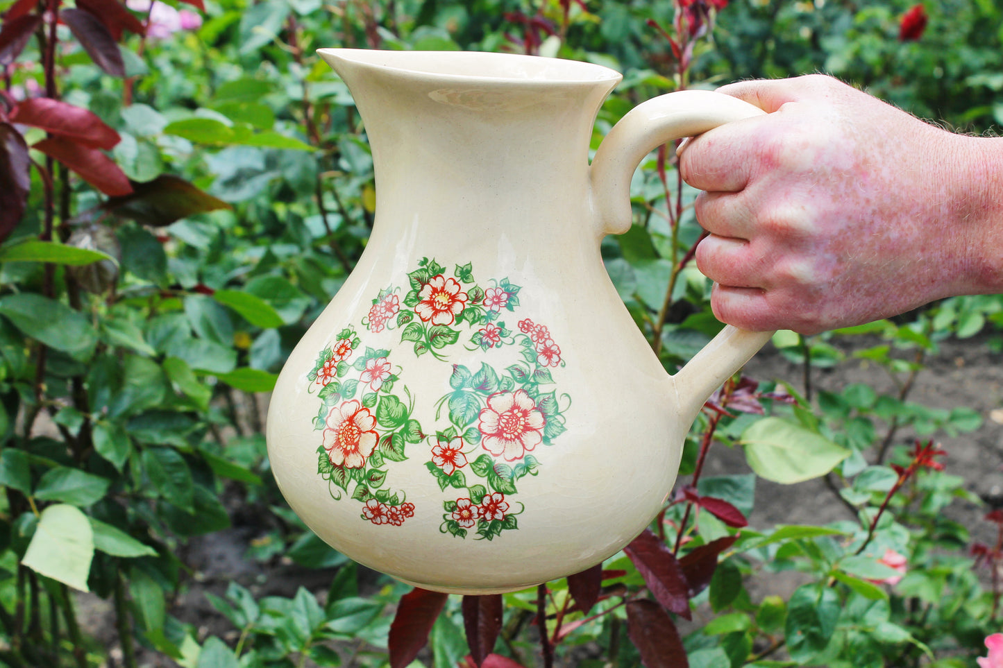 Ceramic Pottery big Clay Pot with beautiful flowers - 9 inches- Vintage USSR clay pot - Old Brown Pots Ukrainian traditional jug - 1980s