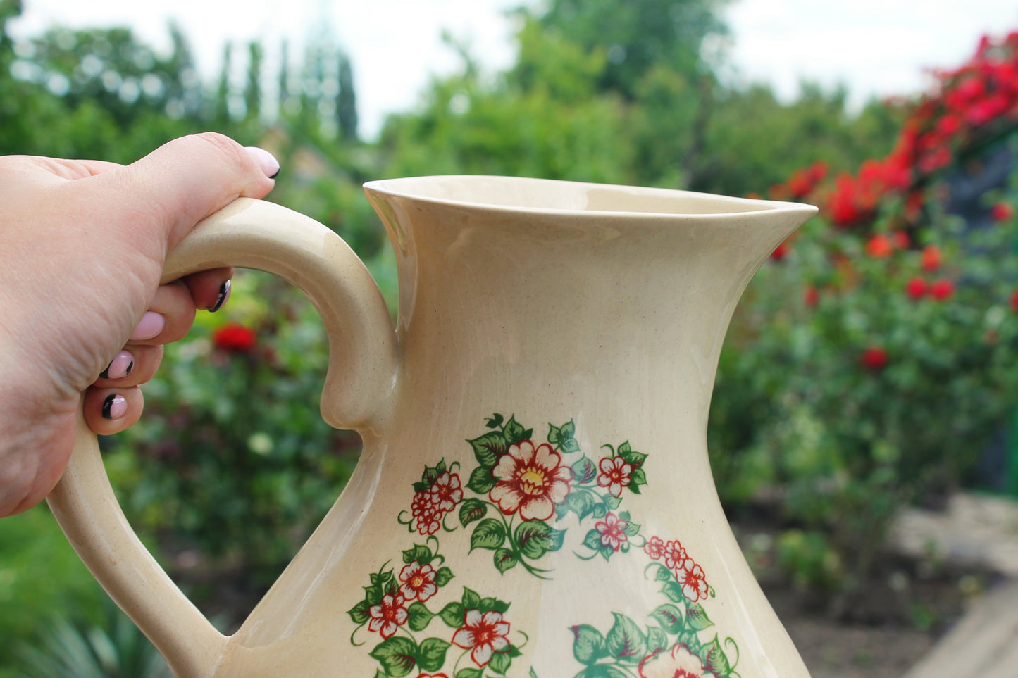 Ceramic Pottery big Clay Pot with beautiful flowers - 9 inches- Vintage USSR clay pot - Old Brown Pots Ukrainian traditional jug - 1980s