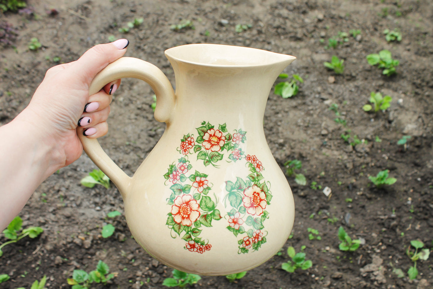 Ceramic Pottery big Clay Pot with beautiful flowers - 9 inches- Vintage USSR clay pot - Old Brown Pots Ukrainian traditional jug - 1980s