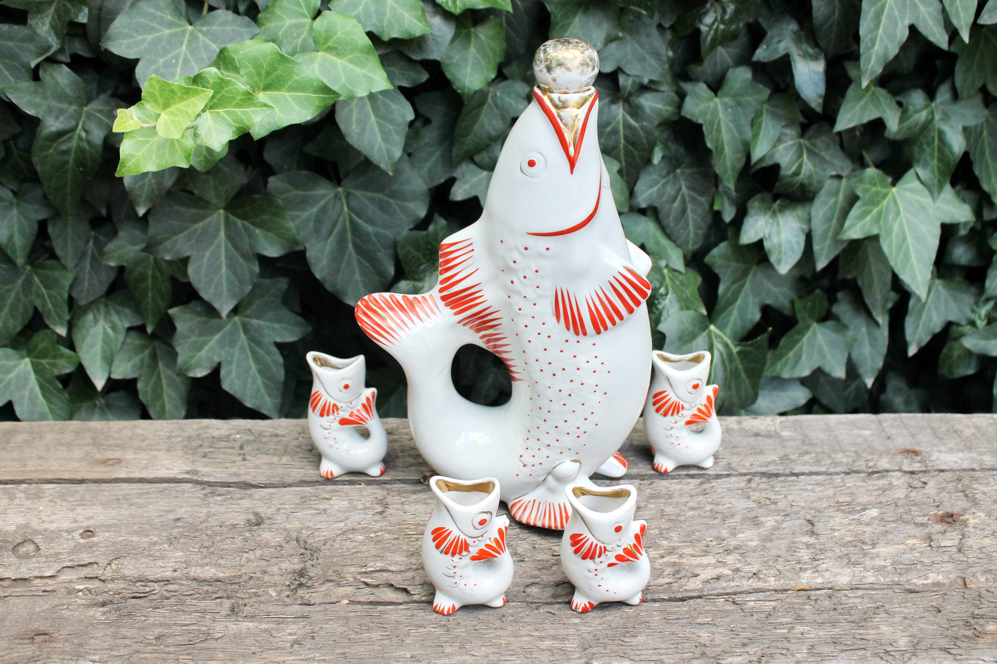 Vintage Ceramic Fish Drinking Set - The family of carp - 1970s - from Ukraine / Soviet Union / USSR